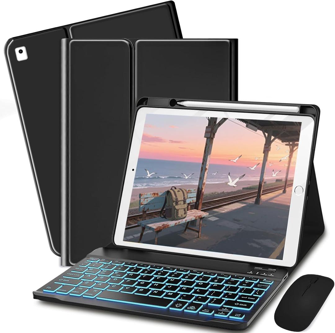 Keyboard Case for iPad 9th / 8th / 7th Gen 10.2 inch/Air 3rd / Pro 10.5 inch - 7 Colors Backlit Keyboard Cover and Mouse (Black)
