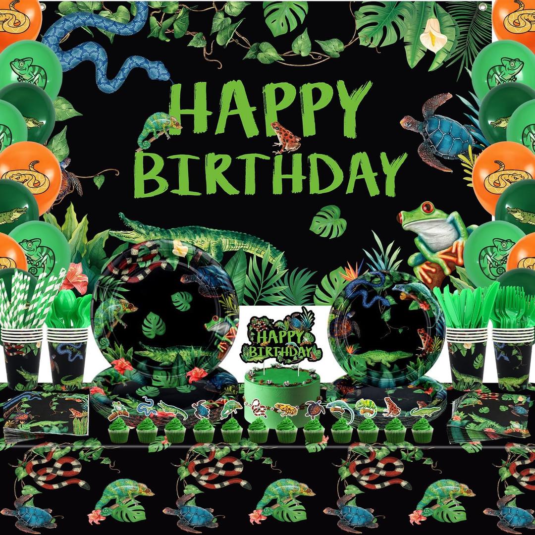 KEFAN Reptile Party Decorations, Wildlife Lizards Snakes Crocodiles Party Tableware Supplies including HAPPY BIRTHDAY Banner, Plates, Cups, Napkins, Tablecloth, Balloons (Backdrop)