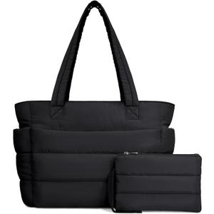 TOPDesign Puffer Tote Bag for Women, Lightweight Puffy Handbag with Compartments, Quilted Shoulder Bag for Work, Travel, Gym (Large, Black)