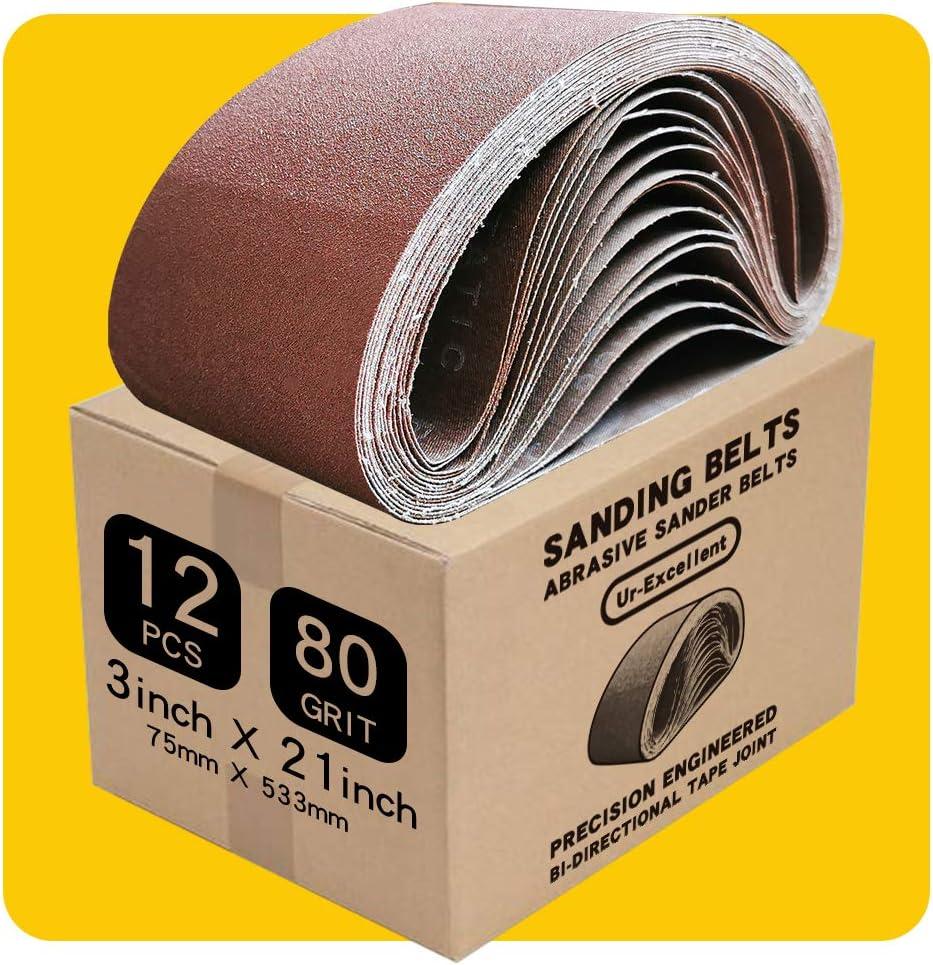 3 x 21 Inch 80 Grit Sanding Belt | Premium Aluminum Oxide Sanding Belt | Premium Sander Sandpaper,  12 Pack