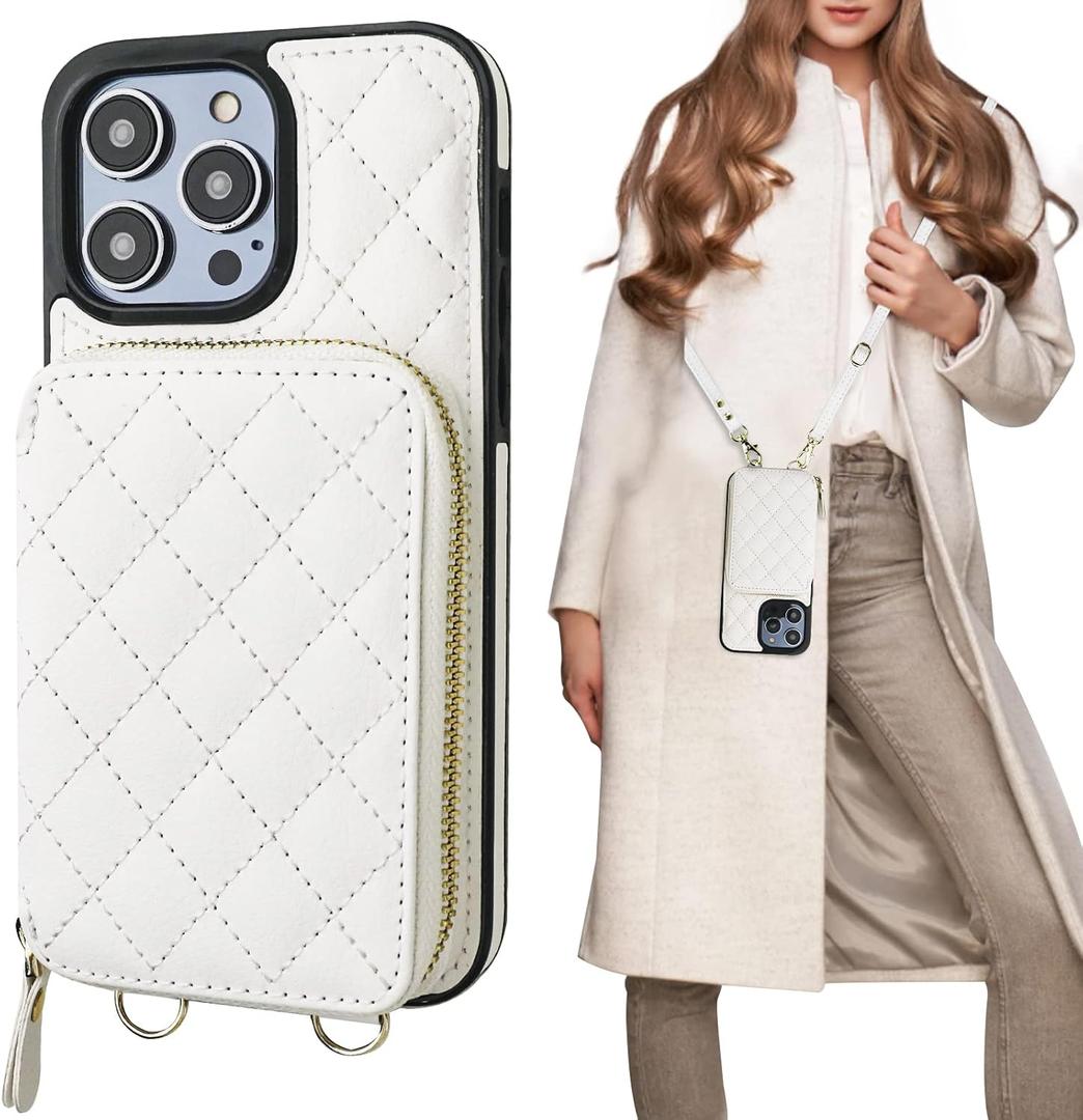 Bocasal Crossbody Wallet Case for iPhone 14 Pro Max, RFID Blocking PU Leather Zipper Handbag Purse Flip Cover, Kickstand Folio Case with Card Slots Holder Wrist Strap Lanyard 5G 6.7 Inch (White)