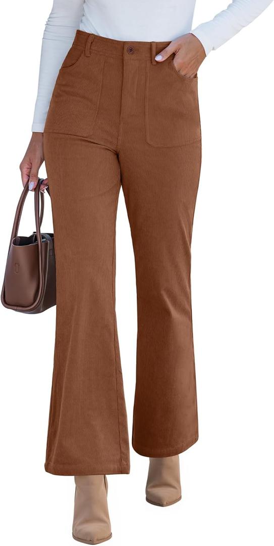 GRAPENT Corduroy Pants for Women Flare High Waisted Fall Winter Elastic Waist Stretchy Work Casual Trendy Wide Leg Pants (Medium, Pecan Brown)