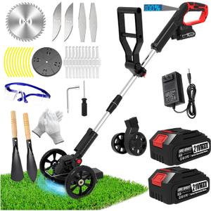 Electric Weed Wacker Eater Cordless, Weed Wacker Battery Powered, Weed Trimmer with 2 21V/2Ah Battery Operated & 25 Blades & Wheels, No-String Grass Trimmer/Brush Cutter/Edger for Garden Yard