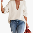 Imily Bela Womens Oversized Deep V Neck Sweaters Sexy Long Sleeve Tunic Sweater Knitted Dressy Pullover Jumper M