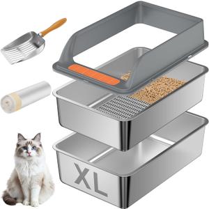 Stainless Steel Sifting Litter Box with Lid, XL Extra Large Sifting Cat Litter Box for Pine Pellets & Big Cats,Metal Pellet Sifter Litter Pan System for Odor Control,Sifting Box Liners & Scoop (XL:23.6''15.7''10'')