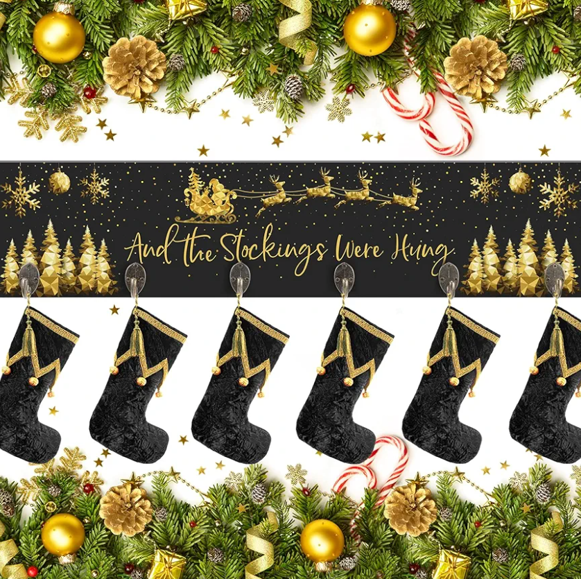 Soaoo Christmas Stocking Holder for Wall with 6 Hooks 24.4 x 5.7'' The Stockings were Hung Wood Hanging Sign Xmas Reindeer Socks Holder for Wall Xmas Decor Hooks Hangers for Fireplace(Black, Gold)