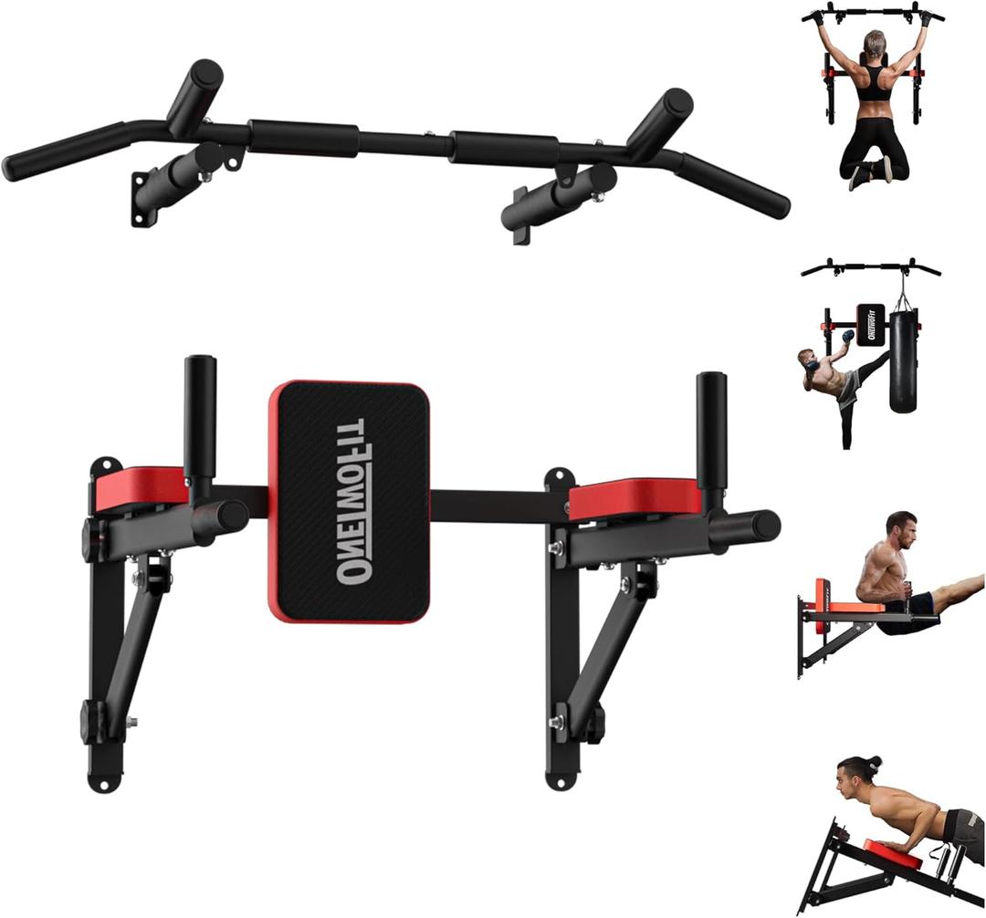 ONETWOFIT Wall Mounted Pull Up Bar, 2 in 1 Pull Up and Dip Bar Station Space Saving Multifunctional Wall Mount Chin Up Bar Indoor Outdoor Strength Training Home Gym Equipment (Black)