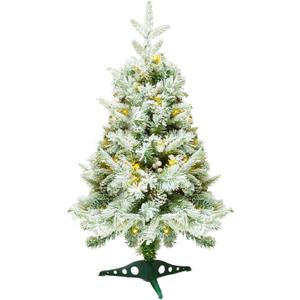 Joyhalo 3ft Flocked Table Top Small Christmas Trees Prelit with 50 Warm White Lights 155 Branches, Tiny Artificial Xmas Trees for Outdoor Porch Indoor Home Office