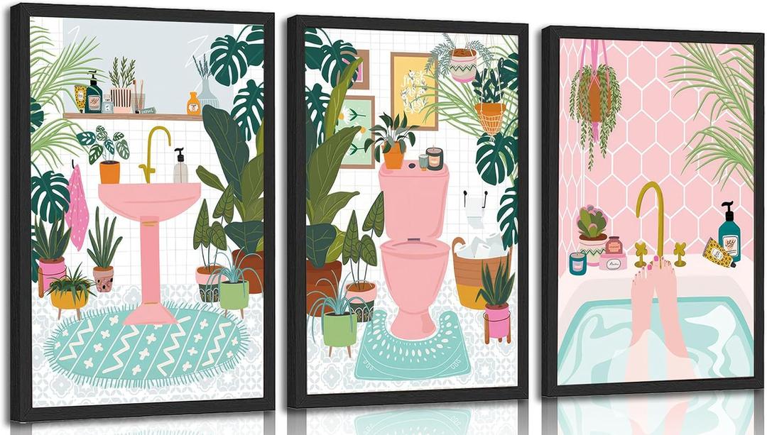2 x 3Pcs Pink Bathtub Plant Canvas Wall Art Maximalist Botanical Bathroom Posters Prints Paintins Pink toilet bathtub sink Wall Decor Pictures for Washroom Artwork Home Decoration Unframed