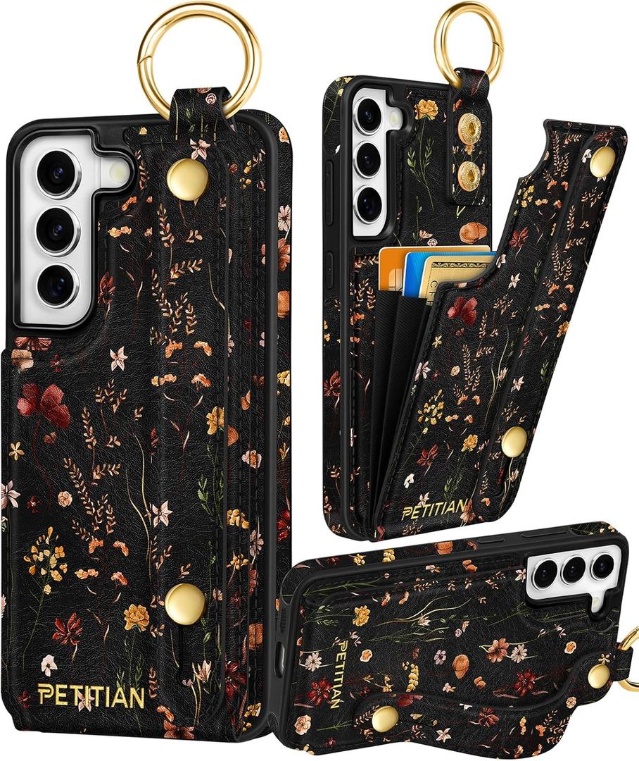 Petitian for Samsung Galaxy S22 Case with Wallet - Women Girls Cute Girly Aesthetic Unique Design Leather Credit Card Holder Cardholder Stand Wristband for S22, Grow Flower