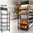 5 Tier Retail Candy Display Rack Metal Storage Shelf with Wheels & 15 Hooks Concession Candy Snack Display Racks Sturdy and Stable Chip Shelf Rack for Stores, Kitchen, Office (5 Tier Black 50cm)