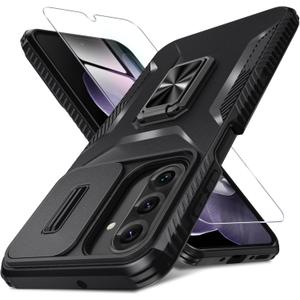 Compatible with Samsung Galaxy A17 5G/A26 5G Case with Slide Camera Cover+Screen Protector+Metal Rotated Kickstand,Tough Hybrid Heavy Duty Shockproof Protective Phone Cover,2025 Black