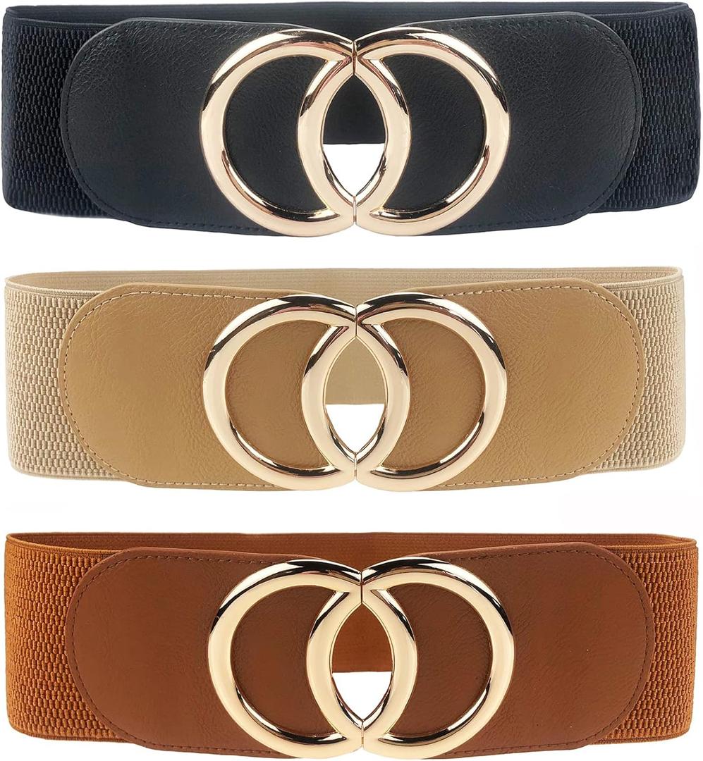 Swtddy Women's Elastic Wide Stretchy Waist Cinch Belt Waistband For Dresses (Golden O Design Black+khaki+camel)