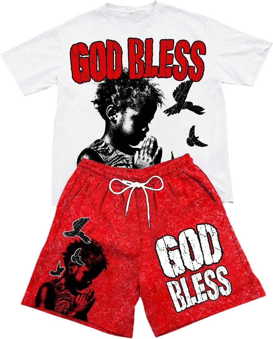 Men's 2 Piece Tracksuits Set Short Sleeve Cartoon Bear Graphic Tees and Camo Shorts Gym Clothes (XL)