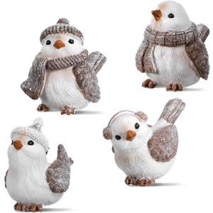 4 Pcs Wintry Resin Figurines Winter Christmas Bird Tabletop Figurine Decorations for Xmas Holiday Home Decor and Gifts (Cute)