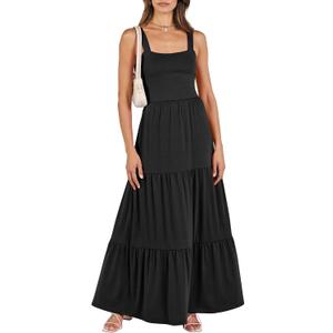 ANRABESS Women's Summer Casual Long Maxi Beach Vacation Dresses Sleeveless Square Neck Flowy Tiered Sun Dress with Pockets (Black, M)