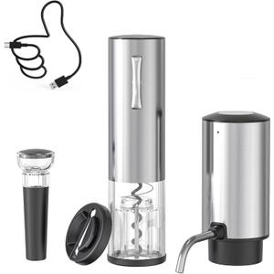 Electric Wine Decanter and Electric Wine Opener, Corporate Gift Pro Electric Wine Aerator and Opener Set with Wine Foil Cutter, and Wine Stopper Vacuum Saver (Stainless Steel)