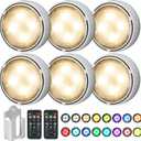 Onumii LED Puck Lights Battery Operated LED Under Cabinet Lighting Wireless Stick on Tap Lights with Remote Controll Color Changing Timer Function for Cabinets, Shelves, Closets - 6Pack White