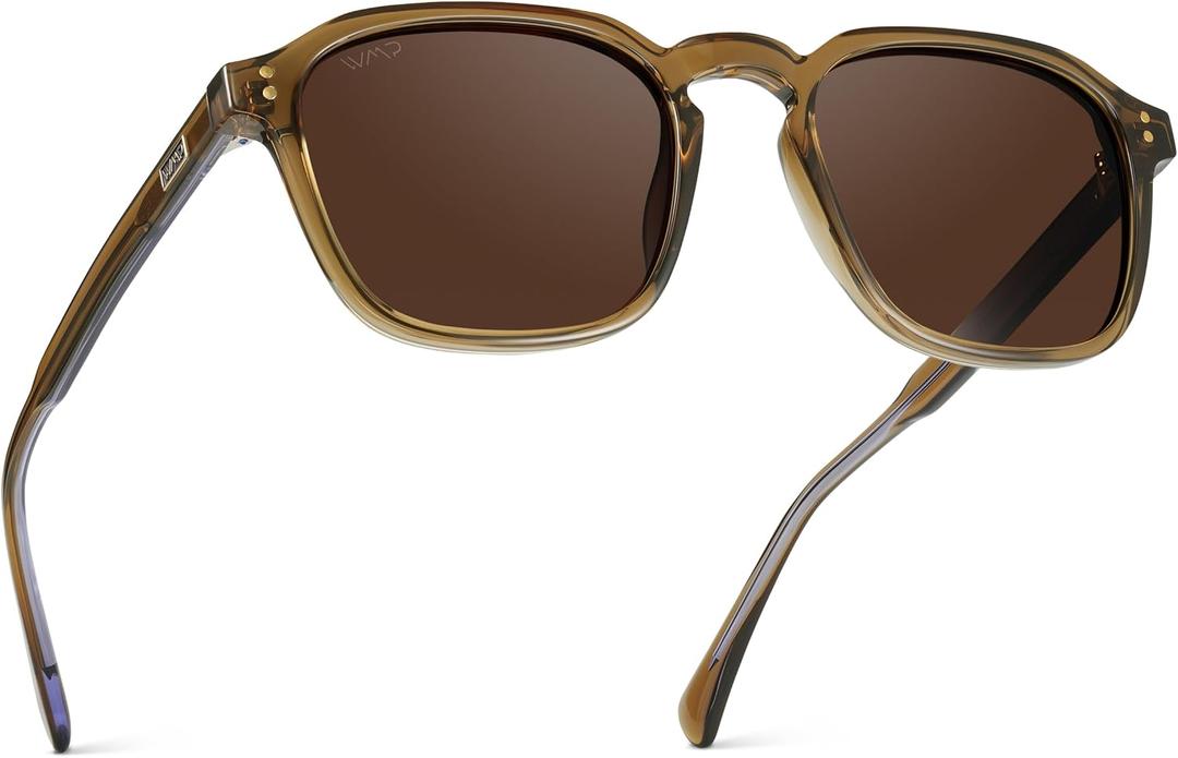 WMP Eyewear - Men's Polarized Square Sunglasses, Wide Fit: Modern Retro Style with Unique Color Combos (Crystal Verde / Dark Brown Lens)