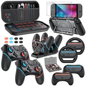 Switch 2 Pro Controller Accessories Bundle for Nintendo Switch 2 (2025), MENEEA 21-in-1 Kits: Wireless Controllers,Carrying Case,Controller Charger Dock,Grips for Joy Con,Steering Wheels for Mario Kart,Protective Cover for Switch 2 (2* Black Controllers) for Sega Master System Games