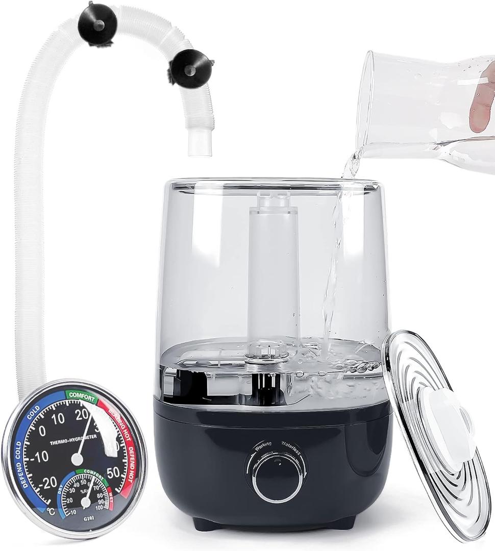 Top fill Reptile Fogger Terrariums Humidifier Fog Machine Mister with 4L Visible Large Tank & Extension Hoses, Suitable for Terrariums & Enclosures, Ideal for Reptiles/Amphibians/Herps/Vivarium/Moss (Black)