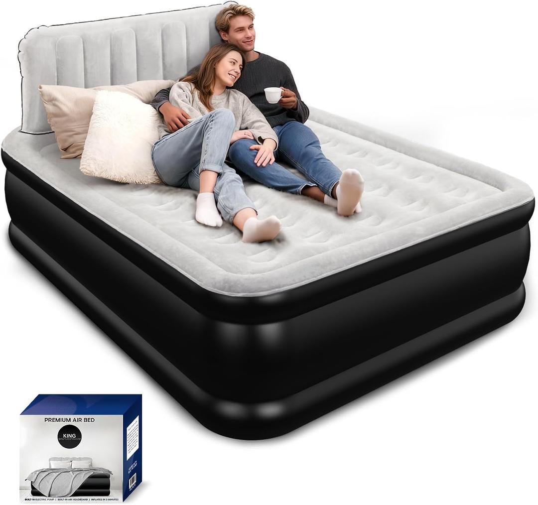 Queen Air Mattress with Headboard, Built-in Pump, 19" Raised 800 lbs Max