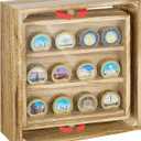 Double-Sided Challenge Coin Display Case, 360° Rotating Solid Wood Holder with Clear Dustproof Cover, Handmade Coin Rack for 33 Coins, Military Memorabilia Display Box for Veterans Gifts