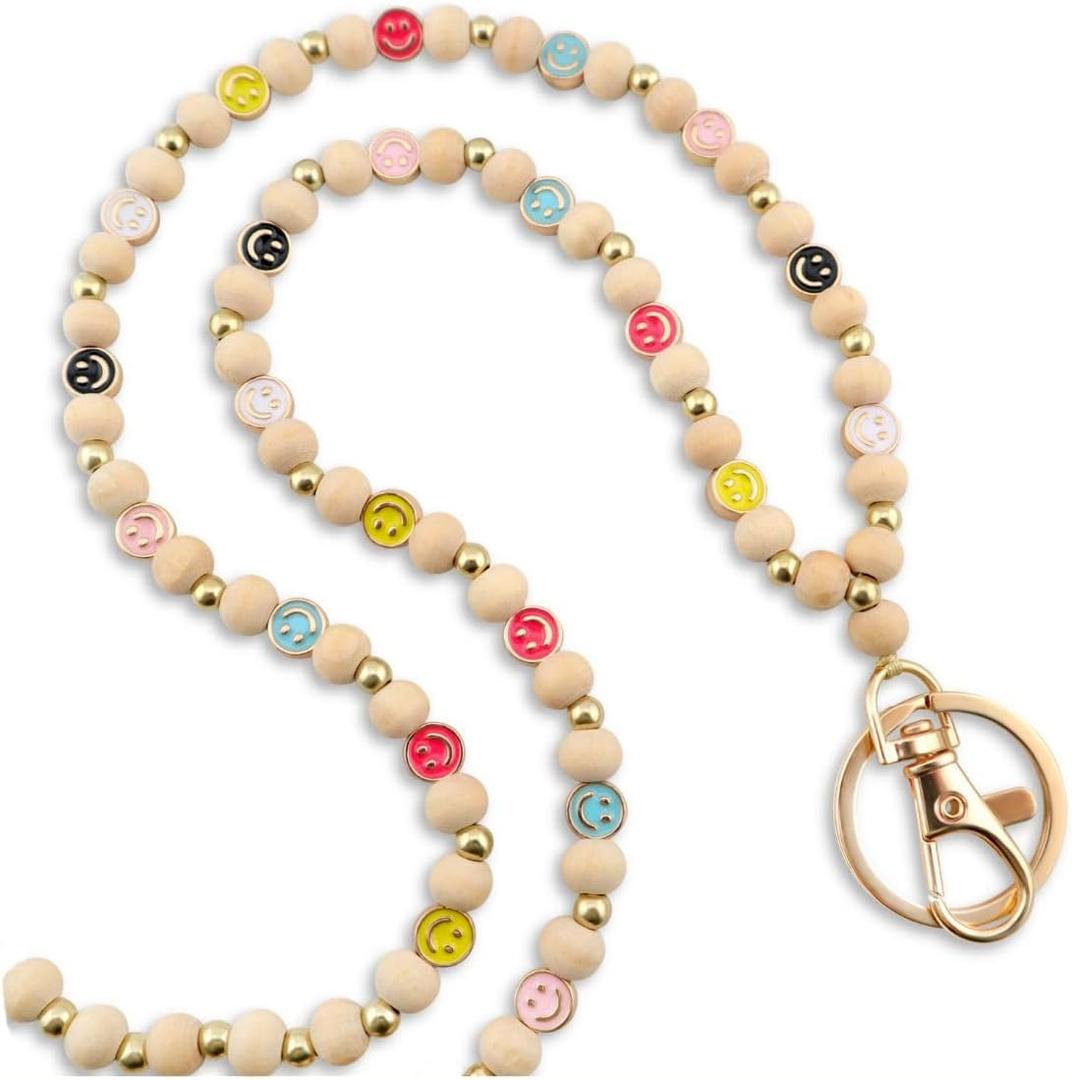 Smile Teacher Lanyard for Women ID Badges and Keychain Cute Happy Wood and Metal Beaded Lanyard Badge Holder
