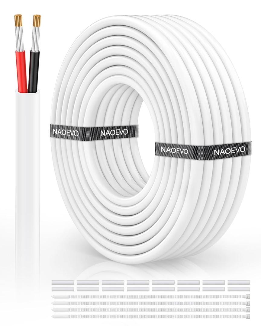 NAOVEO 18 Gauge Wire 2 Conductor Electrical Wire, 18 AWG Stranded PVC Tinned Copper Cable, Flexible/ Low Voltage Automotive Wiring for LED Lamps, Marine, Speaker, Appliances (30FT)