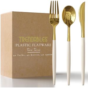 Trendables 120 Pack Disposable Silverware Set - Plastic Cutlery Dinnerware - Includes 40 Plastic Forks - Plastic Spoons - Plastic Knives - Ivory & Gold Plastic Silverware Plastic Utensils Party Set