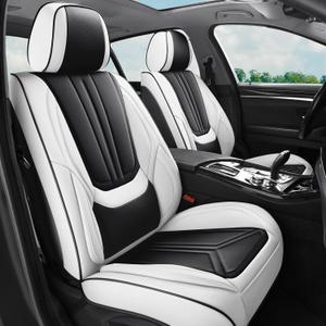 Car Seat Covers Full Set White Black, Luxury Leather Car Seat Covers, Waterproof and Breathable Seat Covers, Universal Car Seat Protector Fit for Cars, Trucks, SUVs, Pick-ups (Full Set)