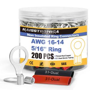 2 x haisstronica Non Insulated Wire Connectors Kit100pcs 5/16 Ring Terminals (AWG 16-14) with 100pcs 3:1 Heat Shrink Tubing for Automotive MarineBrazed Seam Wire Crimp terminals