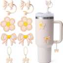 2 x 8PCS Stanley Cup Accessories, Stanley Accessories | 2PCS Silicone Bow Straw Toppers, 2 Cute Bow Handle Charm, 2PCS Water Bottles Bufferfly Patches Self-Stickers Accessories Decor (Beige-Butterfly)
