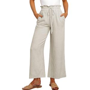 ANRABESS Women Linen Pants Casual Loose High Waist Boho Wide Leg Cropped Palazzo Beach Pants Summer Outfits 2025 Trendy (Large, Beige)