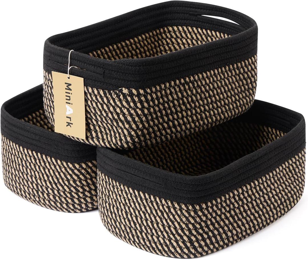 MiniArk Small Storage Baskets for Organizing | Closet Organizer Bins | Shelf Toy Basket | Woven Rope Baskets | Cube Decorative Box | Shallow Basket | 13x8.5x5.1 | 3 Packs Black Brown
