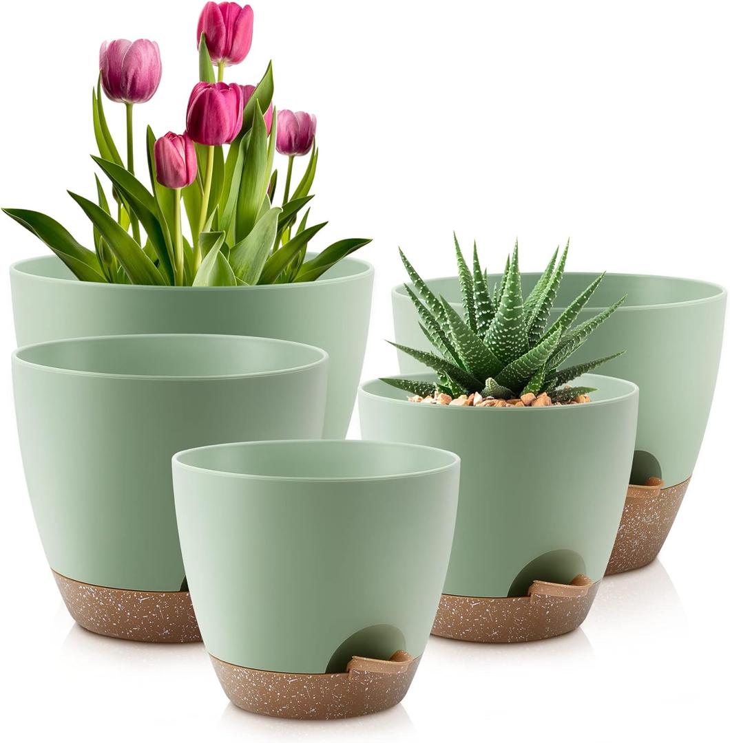 Plant Pots 10/9/8/7.5/7 Inch Self Watering Pots, Set of 5 Plastic Planters with Drainage Holes and Saucers,Plastic Flower Pots,Nursery Planting Pot for Indoor Out Door Plants Green