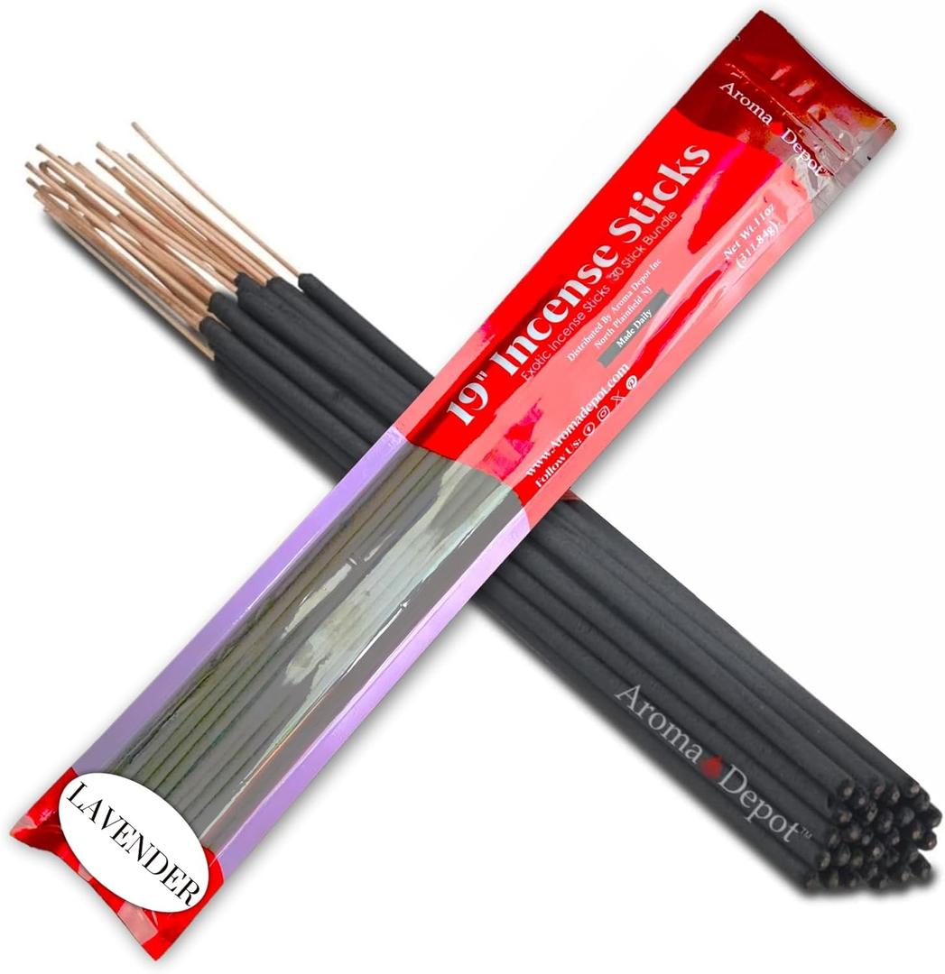 Aroma Depot Lavender 19'' Incense Sticks Jumbo. Approx 27 to 30 Sticks Per Bundle. 19 Inch Extra Large, Each Natural Stick Burns for 3 to 4 Hours. Most Exotic Long-Lasting Fragrance.