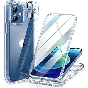 Miracase Glass Case for iPhone 12/12 Pro 6.1 inch, Upgraded Full-Body Rugged Phone Bumper Case Cover with Built-in 9H Tempered Glass Screen Protector and Camera Protector, Clear