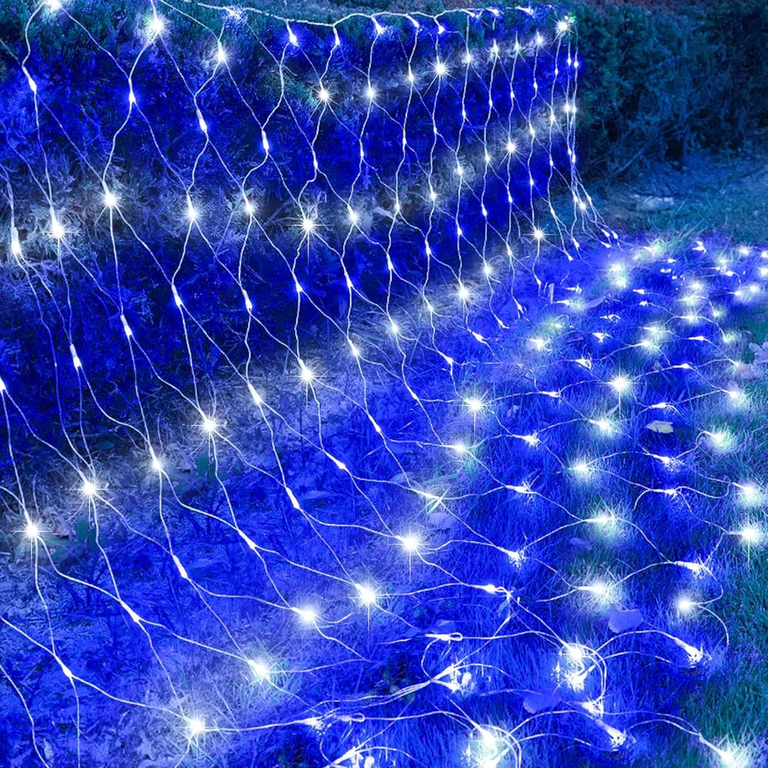 kemooie Outdoor Christmas Net Lights, 198 LEDs 9.8FT x 6.6FT Net Light, Connectable 8 Twinkle Modes Hanging Mesh Lights for Garden Bush Window Christmas Decorations (Blue&White)
