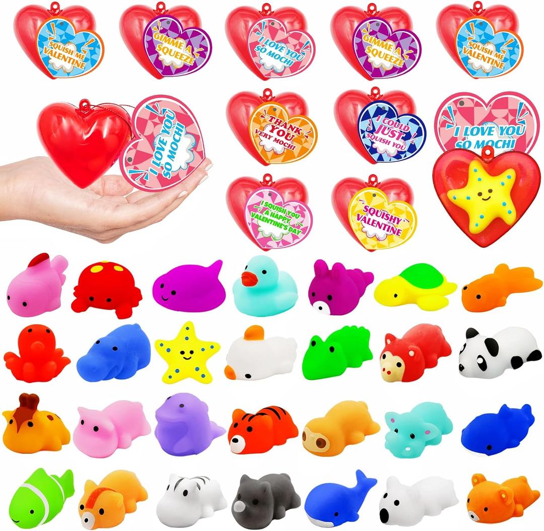 2 x 28 Pack Valentines Day Gifts for Kids ,Mochi Squishy Toys Filled Hearts Box with Valentine Cards Classroom Prizes Exchange Gifts Prizes Valentine Party Favors Valentines Day Gifts for Kids Boy Girl