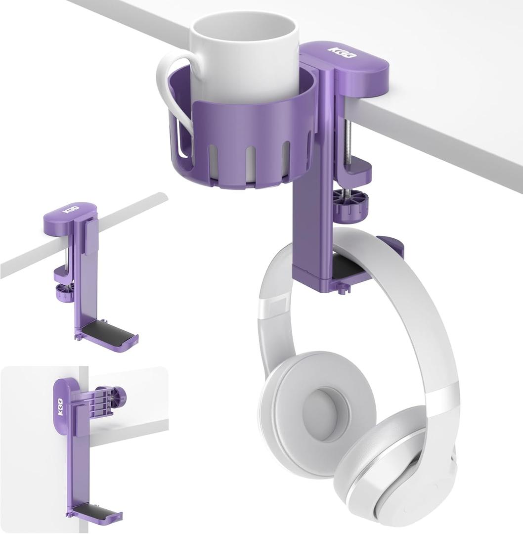 KDD 2 in 1 Headphone Hanger with Desk Cup Holder - Under Desk Clamp Rotatable Headset Holder - Suitable for Coffee Mups, Water Cups, Headphone(Purple)