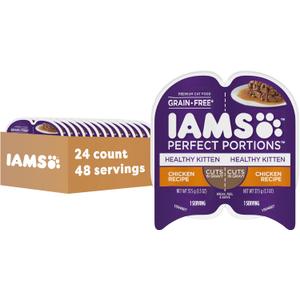 IAMS Perfect Portions Healthy Kitten Grain Free Wet Cat Food, Cat Food Wet Cuts in Gravy Chicken Recipe, (24) 2.6 oz. Twin-Pack Trays (EXP 04/24/28)