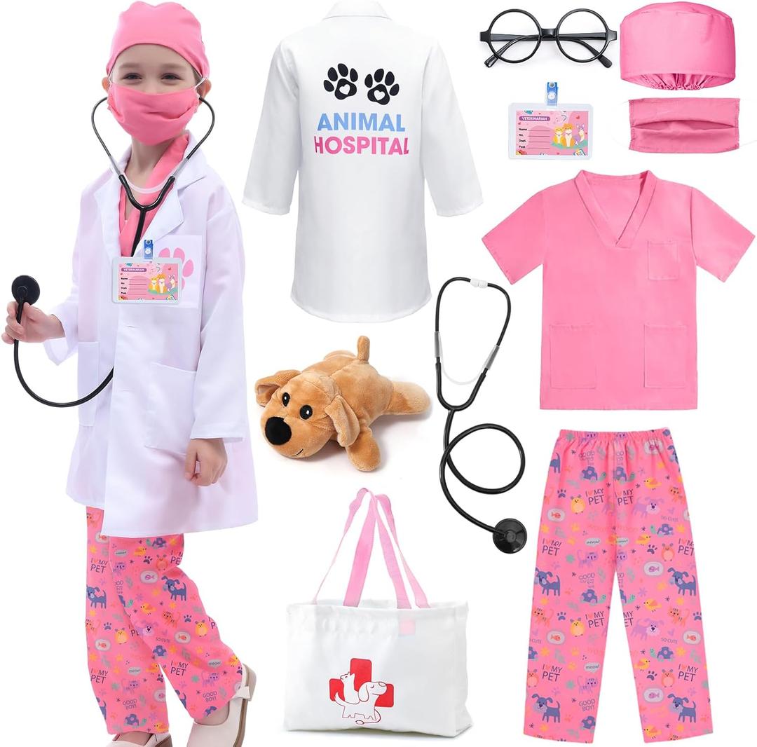 G.C Kids Veterinarian Costume Toddler Doctor Kit Scrubs Doctor Vet Costume Play Set Boys Girls Halloween Dress Up Career Day (140 (8-10Y), Pink)