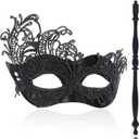 Black Masquerade Mask with Stick, Lace Handheld Antifaz, Cosplay Fashion Shows Accessories for Women (Phoenix)