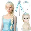 Wiggy Mermaid White Blonde Braided Wig with Crown Wand 19.69'' Long Platinum Blonde Princess Wigs + Cap for Halloween Party Costume Cosplay