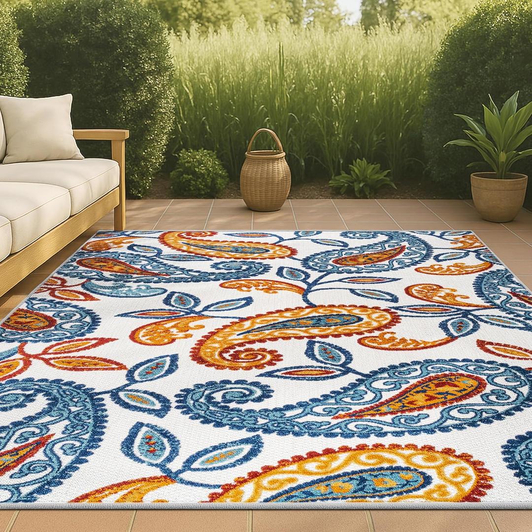JONATHAN Y Paisley High-Low Indoor Outdoor Area Rug 4X6 Orange/Blue, Julien for Backyard, Patio, Porch, Easy-Cleaning, High Traffic, Pet-Friendly, Non-Shedding (AMC102B-4)