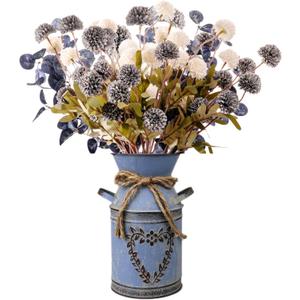 16.5''H Fake Flowers in Vase for Centerpiece Table Decorations with 10Pcs Fake Mums Flowers Eucalyptus Stems Faux Pompon Kiku Flowers Arrangement for Home Farmhouse Decor (Blue and White)
