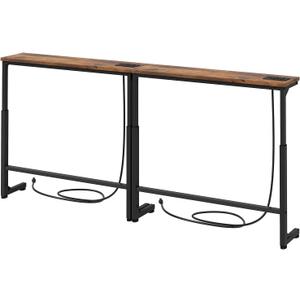 Kitstorack Behind Couch Table, Adjustable Height Narrow Console Table with 2 Power Strips, Split Design for Separate Wall Use, Anti-Scratch Tip, Rustic Brown for Living Room (70.8" Long)