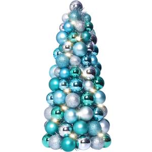 Amooca 16in Christmas Ball Tree with LED Lights Table Centerpiece Fireplace Decor Indoor Holiday Party Home Decoration Light Blue Silver