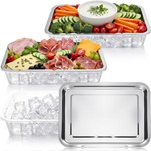 FoldTier 3 Set 14.2" Chilled Serving Trays for Parties with Compartments Stainless Steel Ice Chilled Party Platter Charcuterie Serving Board Cold Dish Dip for Fruits Veggies Shrimp Cocktail